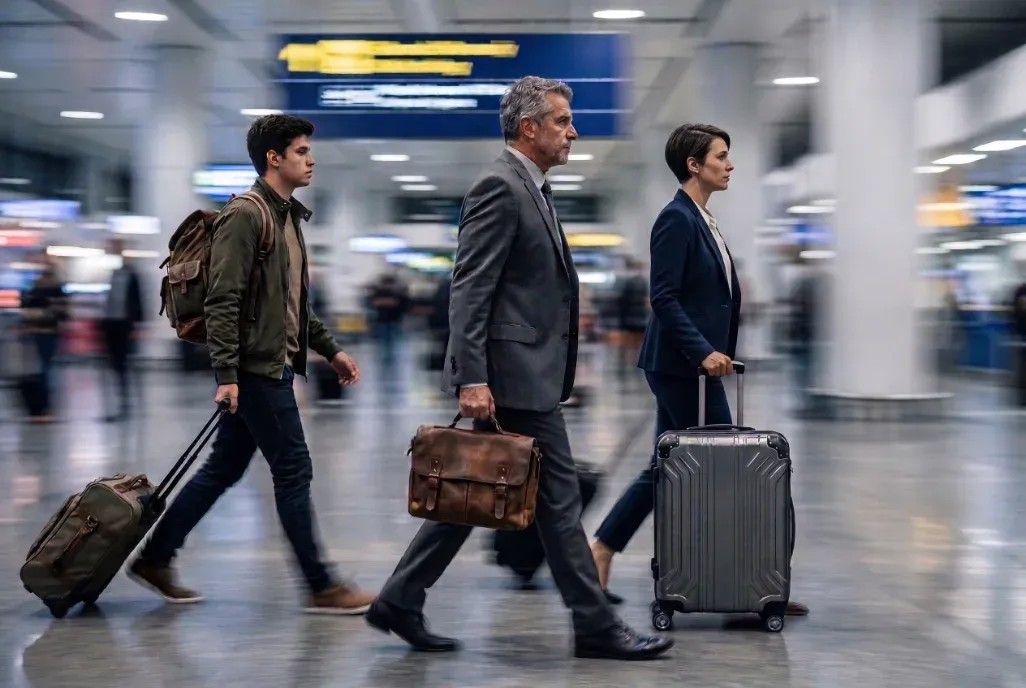 Professionals with luggage walking through an airport